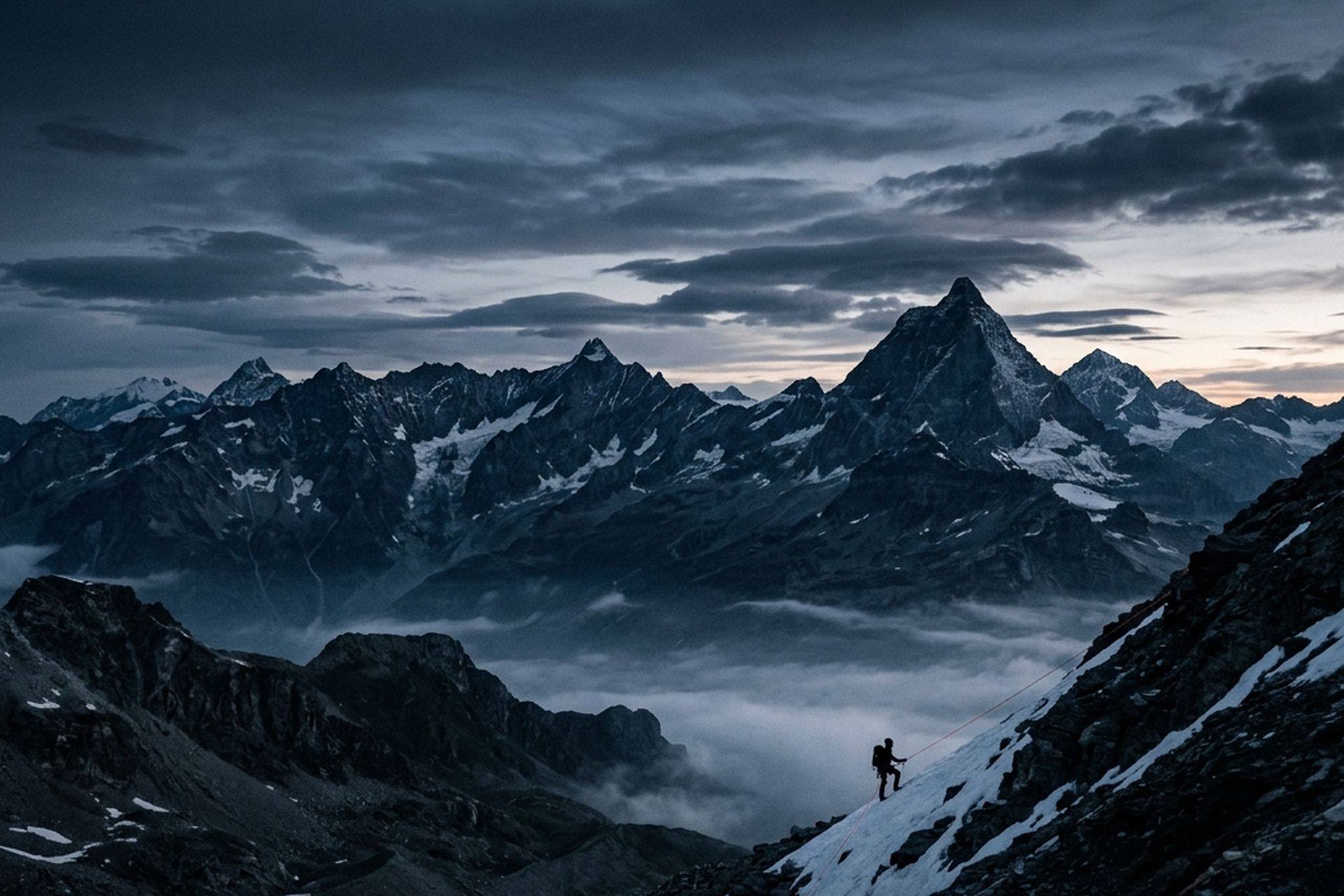 Alpine ridge at first light, climber silhouette far below the summit